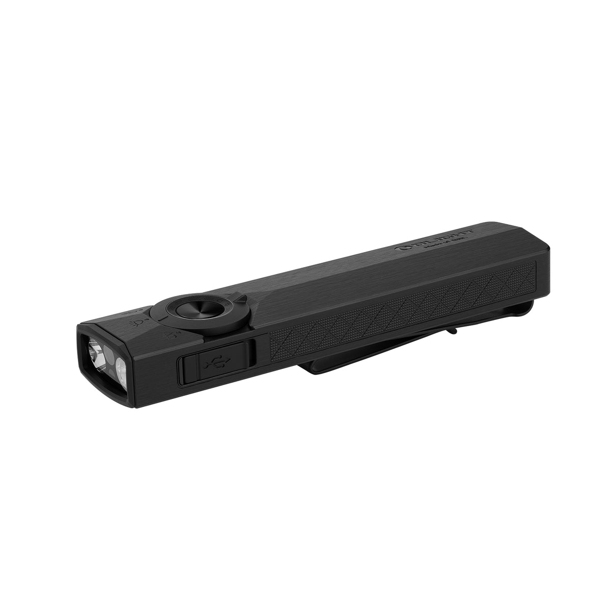Lampe de poche EDC plate noire, rechargeable USB-C, avec interrupteur à cadran et clip de poche.