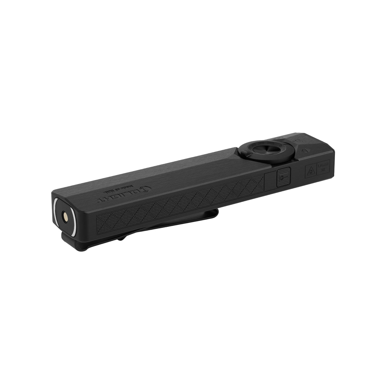 Lampe de poche LED noire compacte Olight avec clip de poche et détails texturés sur fond blanc