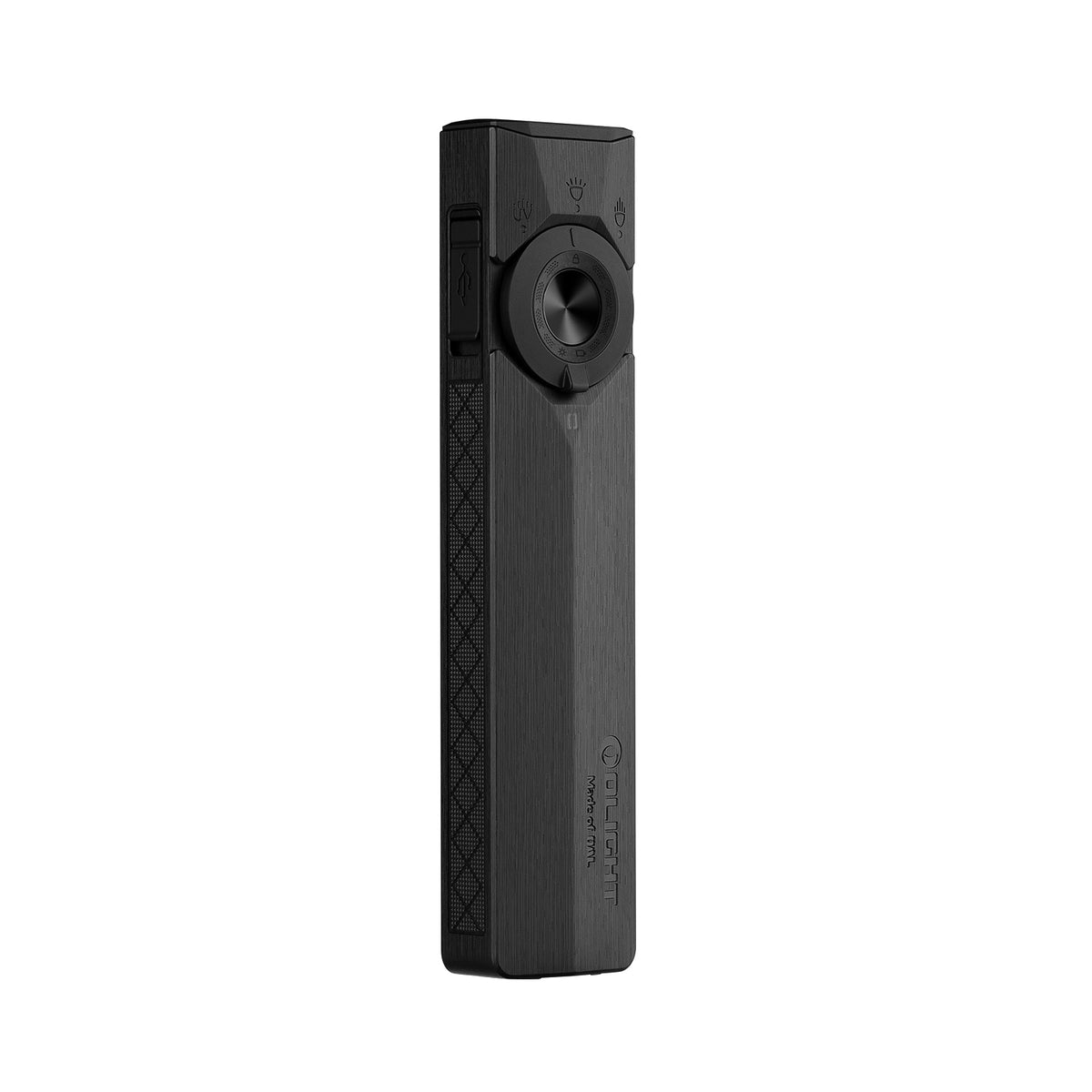 Lampe torche noire Olight Arkfeld en aluminium avec molette, interrupteur USB-C et texture striée pour une bonne prise en main.