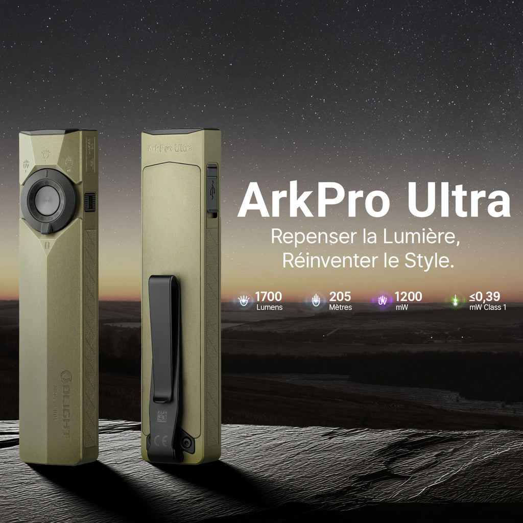 Lampe de poche Olight ArkPro Ultra vert olive double face avec clip de poche de 1700 lumens pour EDC et extérieur