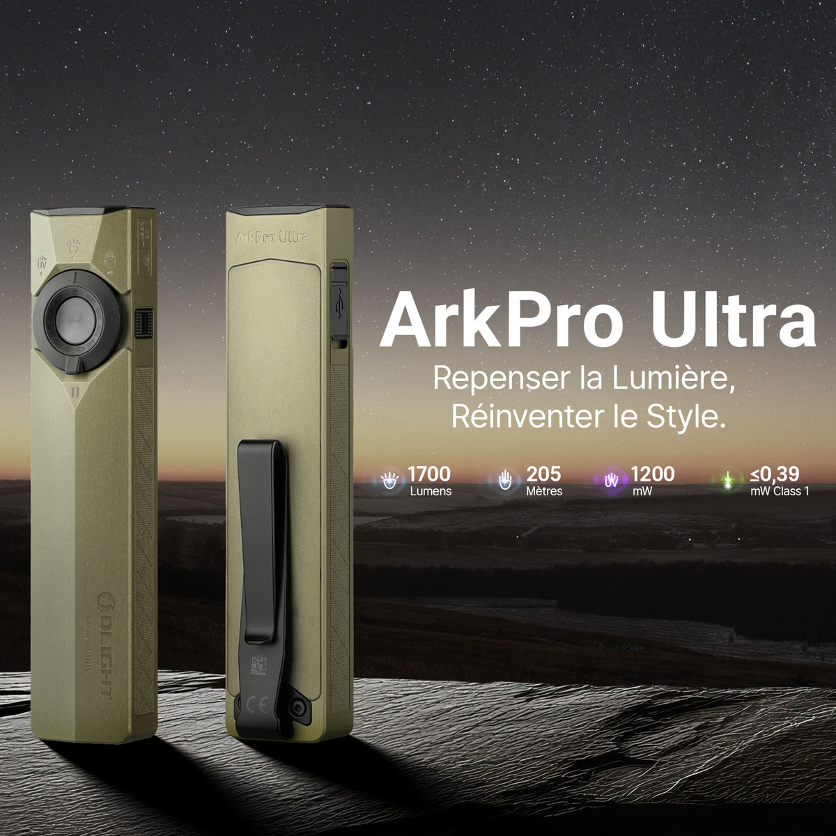 Lampe de poche Olight ArkPro Ultra vert olive double face avec clip de poche EDC pour camping et randonnée nocturne