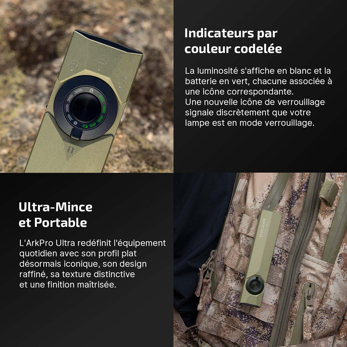 Lampe Olight ArkPro Ultra verte ultra-mince avec indicateurs de batterie et de verrouillage clipsée sur sac à dos tactique