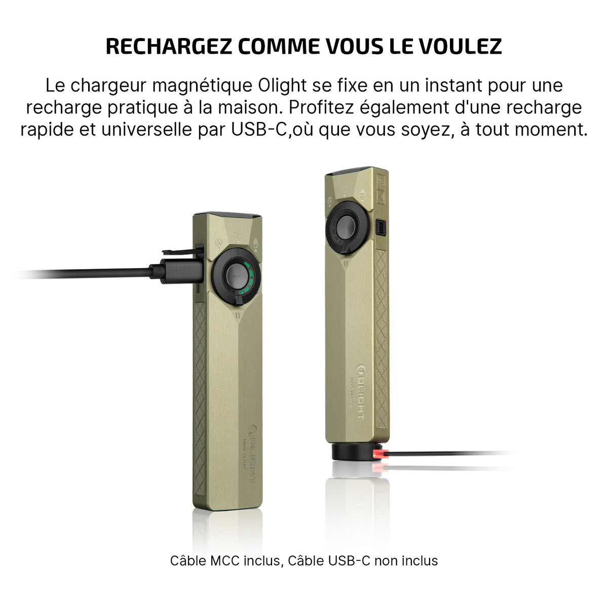 Lampe Olight ArkPro Ultra champagne double recharge USB-C et magnétique MCC pratique au quotidien