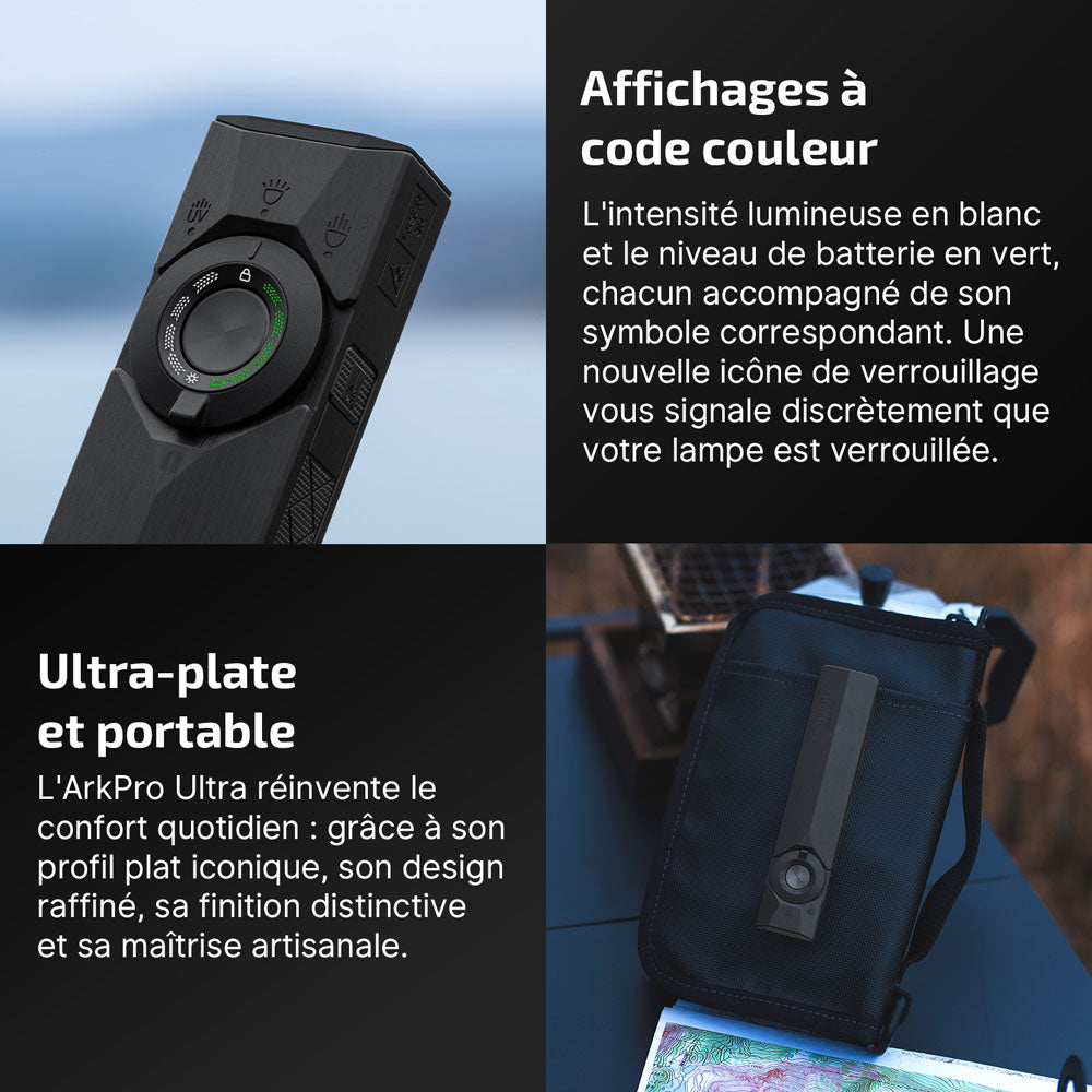 Lampe torche Olight ArkPro Ultra noire extra plate avec indicateur couleur de batterie et clip de poche pour EDC