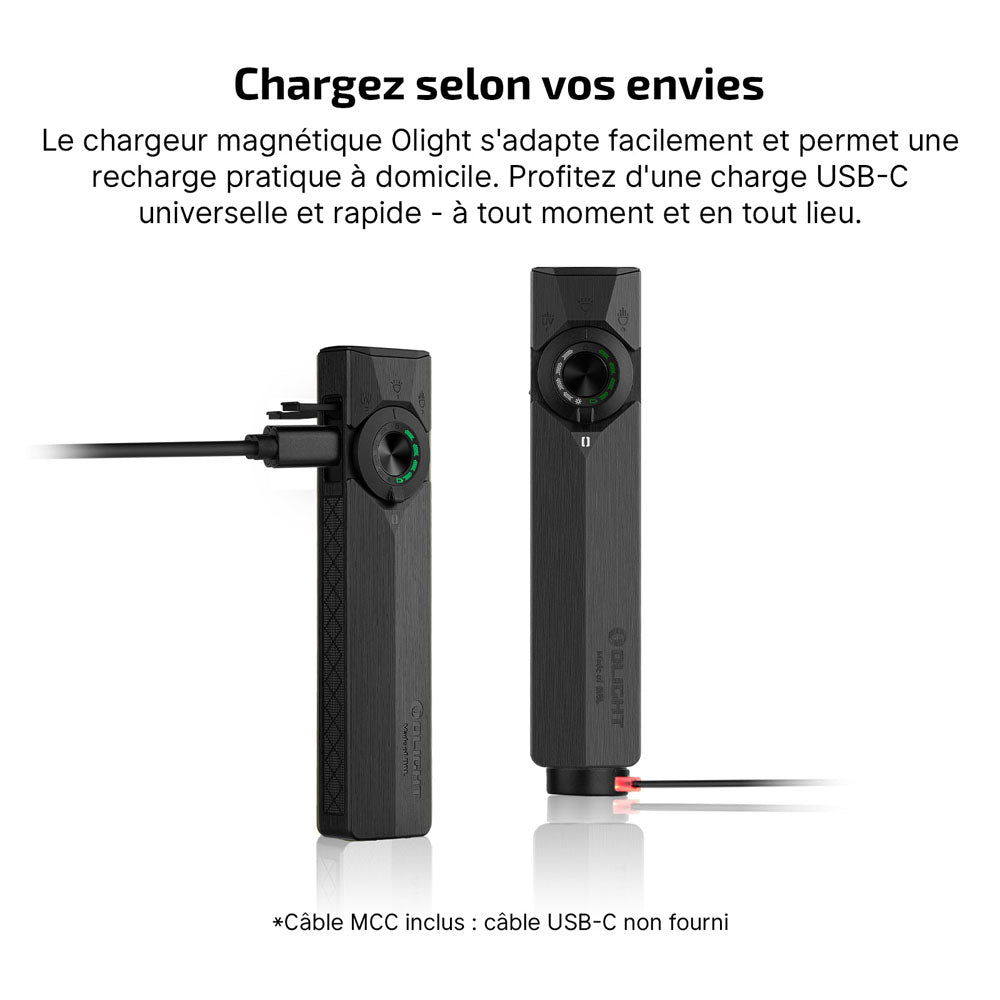 Lampe Olight ArkPro Ultra noire avec double recharge USB-C latérale et magnétique MCC pratique pour l'extérieur