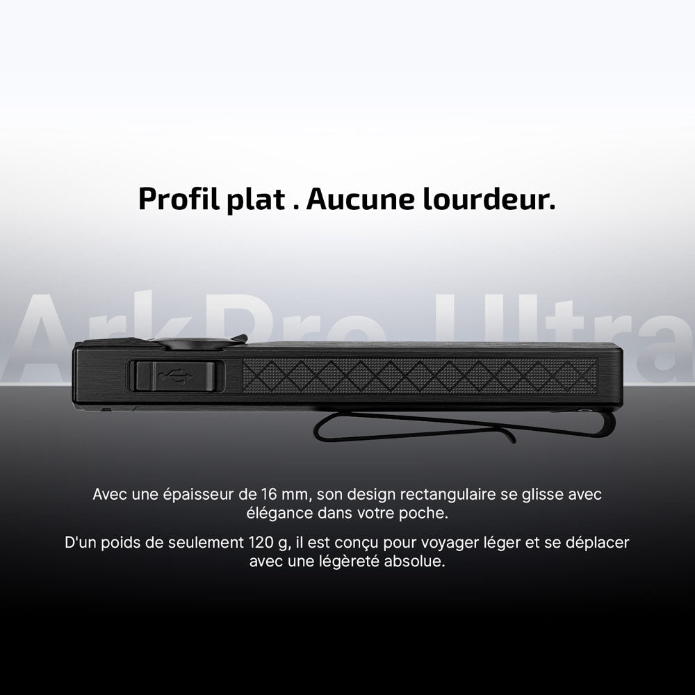 Lampe torche plate Olight ArkPro Ultra noire de profil ultra fine de 16mm et légère pour transport quotidien EDC