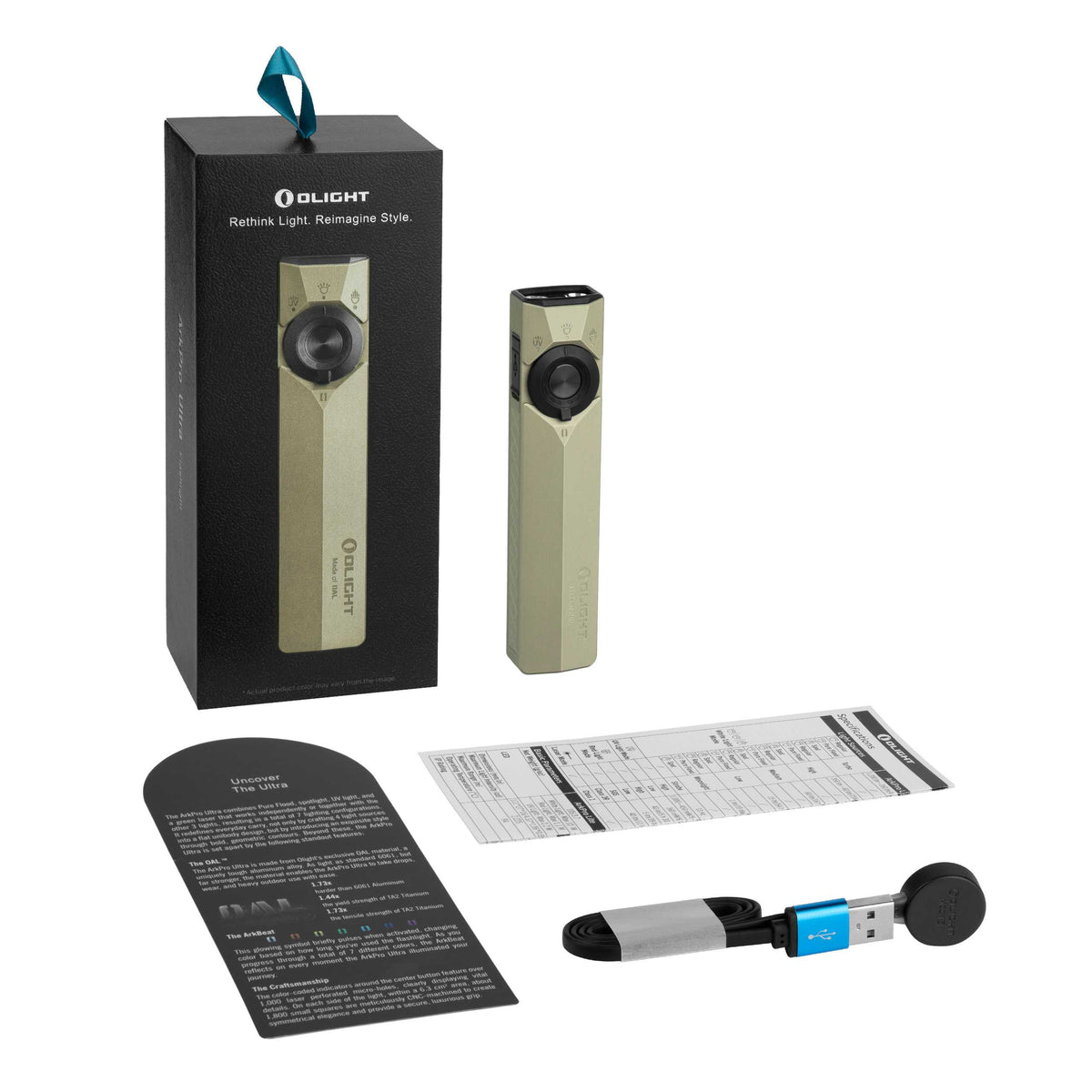 Lampe de poche EDC Olight ArkPro Ultra champagne dorée avec sa boîte, son câble de charge magnétique et sa notice d'utilisation