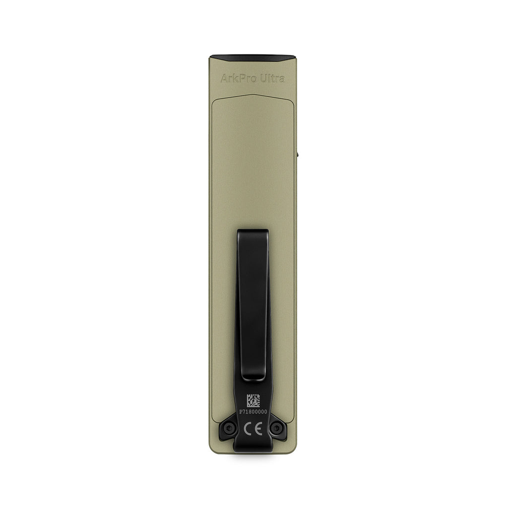 Lampe torche Olight ArkPro Ultra vert olive vue arrière avec clip de poche noir EDC pour camping et quotidien