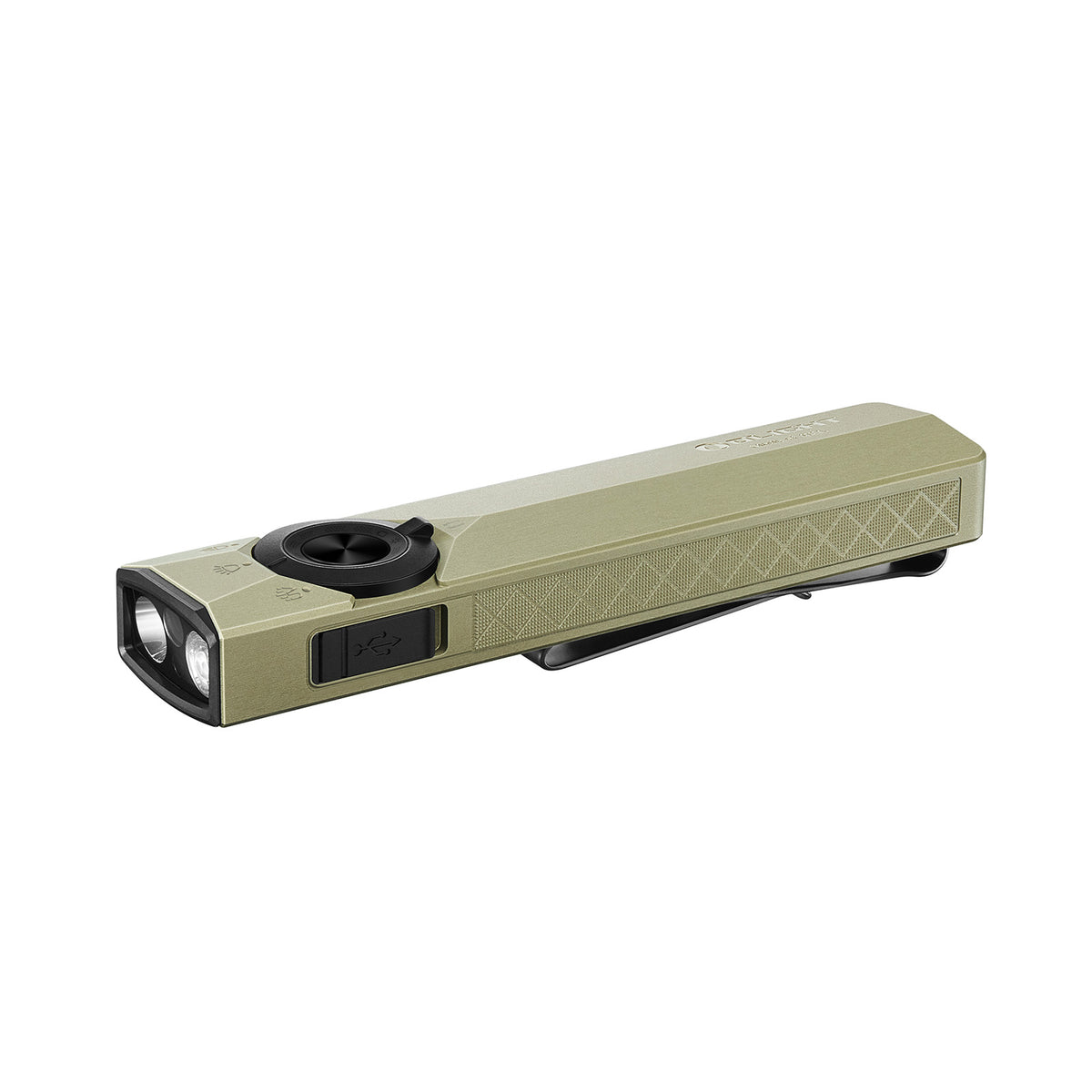 Lampe torche Olight ArkPro Ultra beige désert vue de profil avec clip de poche EDC et port de charge USB pour le camping