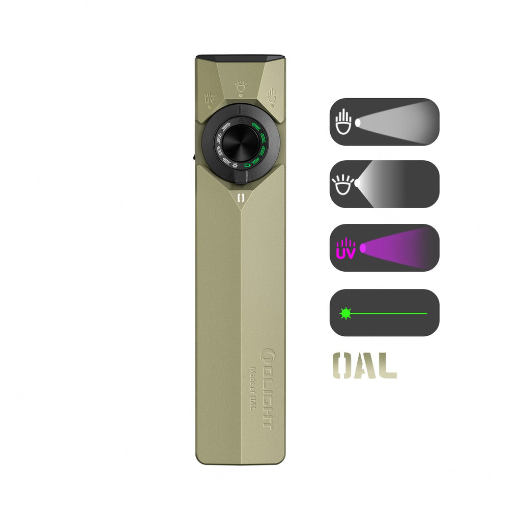 Lampe torche Olight ArkPro Ultra vert olive de face montrant ses fonctions LED, UV et laser vert pour le quotidien.