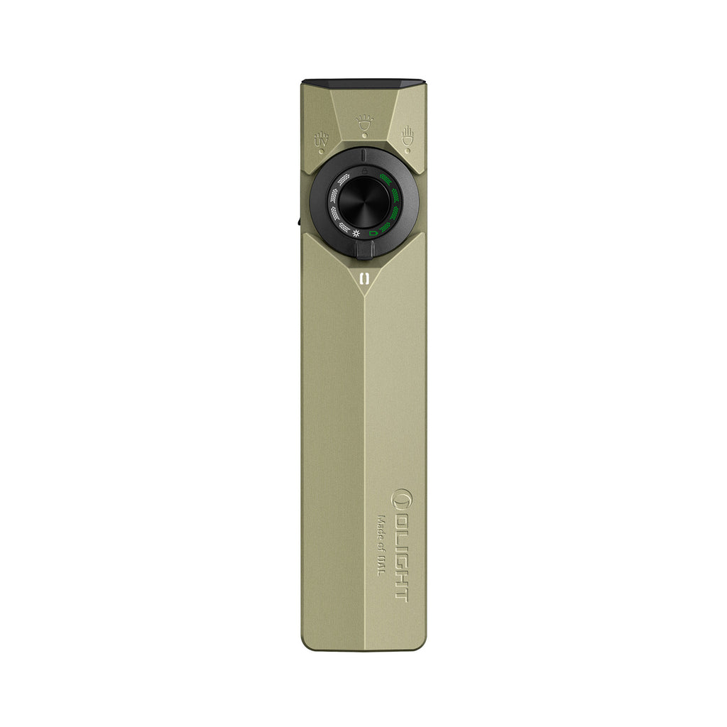 Lampe de poche Olight ArkPro Ultra champagne vue de face avec sélecteur circulaire pour EDC et outdoor